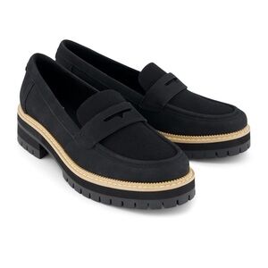 TOMS Cara Slip On Leather Lug Sole Penny Loafers Women’s Black Size 8 Tan Trim